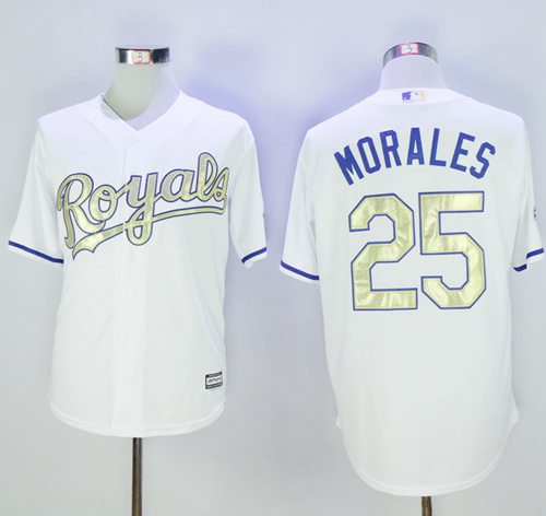 Royals #25 Kendrys Morales White New Cool Base 2015 World Series Champions Gold Program Stitched MLB Jersey - Click Image to Close